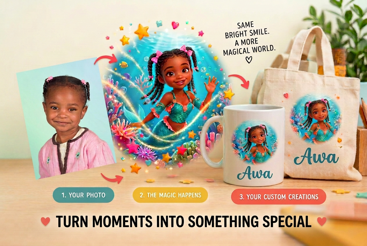 A photo transformed into an animated character, printed on a personalized mug and tote with the name Easton